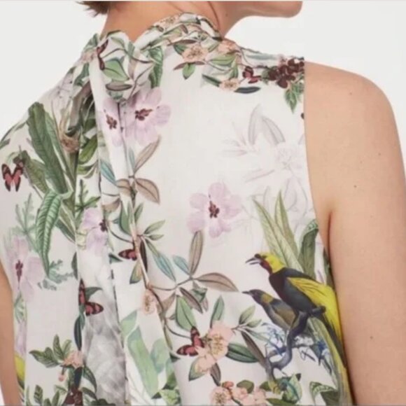 H&M Bird Parrot Botanical Butterfly Floral print HIgh neck Tie back Dress Sz 16 - Picture 4 of 12